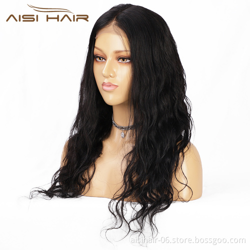 Aisi Hair Wholesale 20 Inch Long Wavy Natural Black Wig 4x4  Lace Frontal Wigs Human Hair Lace Front Wigs For Women